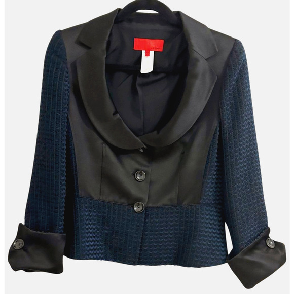 Les Copains Women's Blue Black Satin Three Button Knit Blazer US 12 Size 44 - Picture 2 of 12